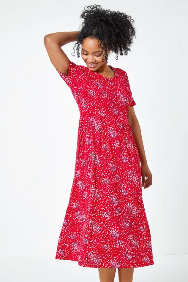 Red Petite Floral Print Midi Dress Women Roman Dresses