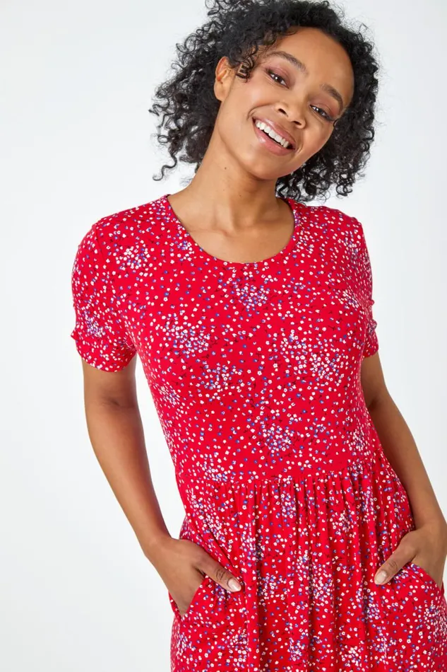 Red Petite Floral Print Midi Dress Women Roman Dresses