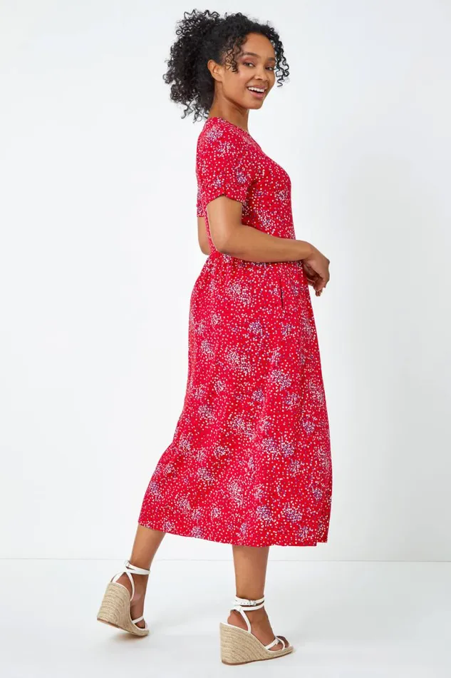 Red Petite Floral Print Midi Dress Women Roman Dresses