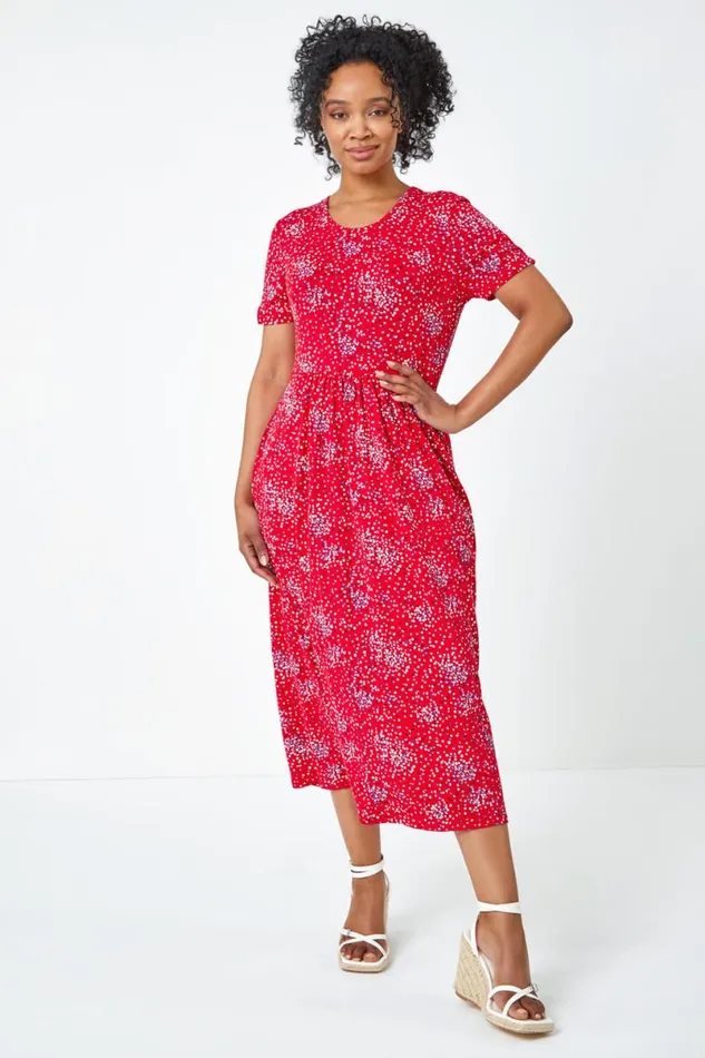 Red Petite Floral Print Midi Dress Women Roman Dresses