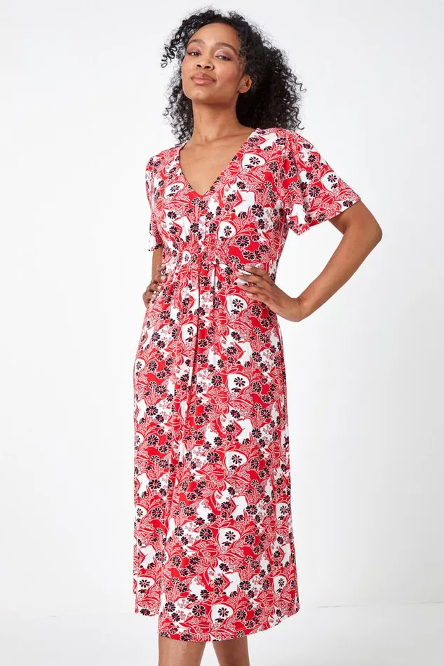 Red Petite Floral Shirred Stretch Midi Dress Women Roman Dresses