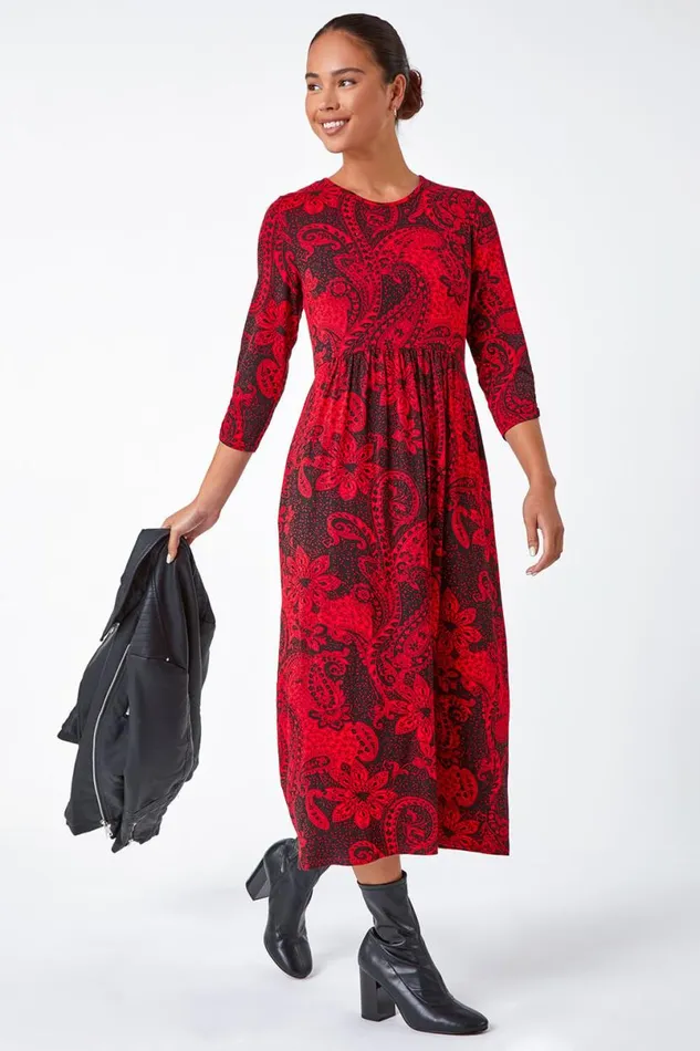 Red Petite Paisley Print Midi Stretch Dress Women Roman Dresses