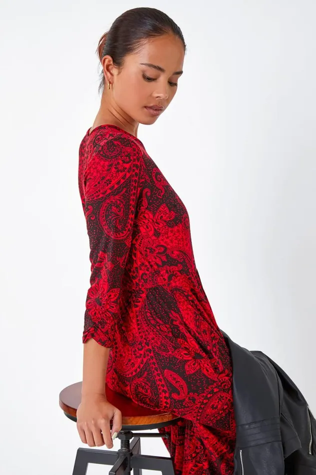 Red Petite Paisley Print Midi Stretch Dress Women Roman Dresses