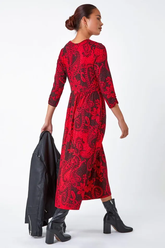Red Petite Paisley Print Midi Stretch Dress Women Roman Dresses