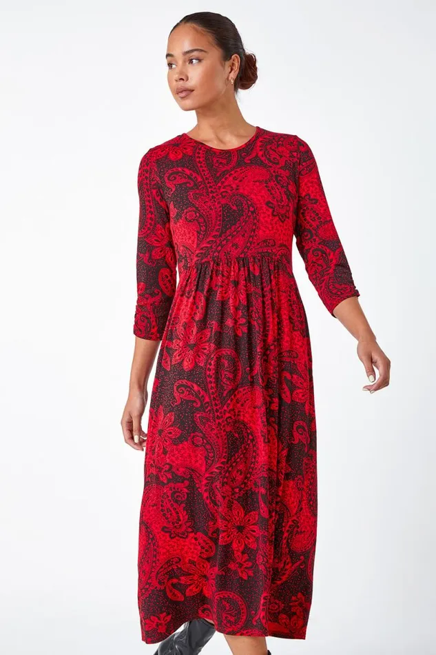 Red Petite Paisley Print Midi Stretch Dress Women Roman Dresses