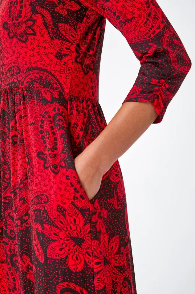 Red Petite Paisley Print Midi Stretch Dress Women Roman Dresses