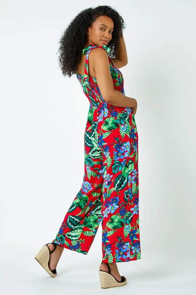 Red Petite Tropical Shirred Stretch Jumpsuit Women Roman Dresses