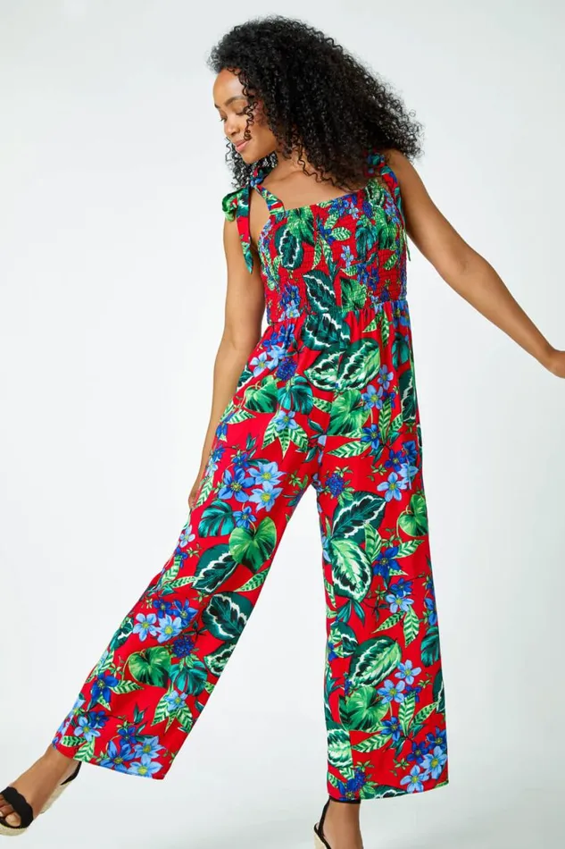 Red Petite Tropical Shirred Stretch Jumpsuit Women Roman Dresses