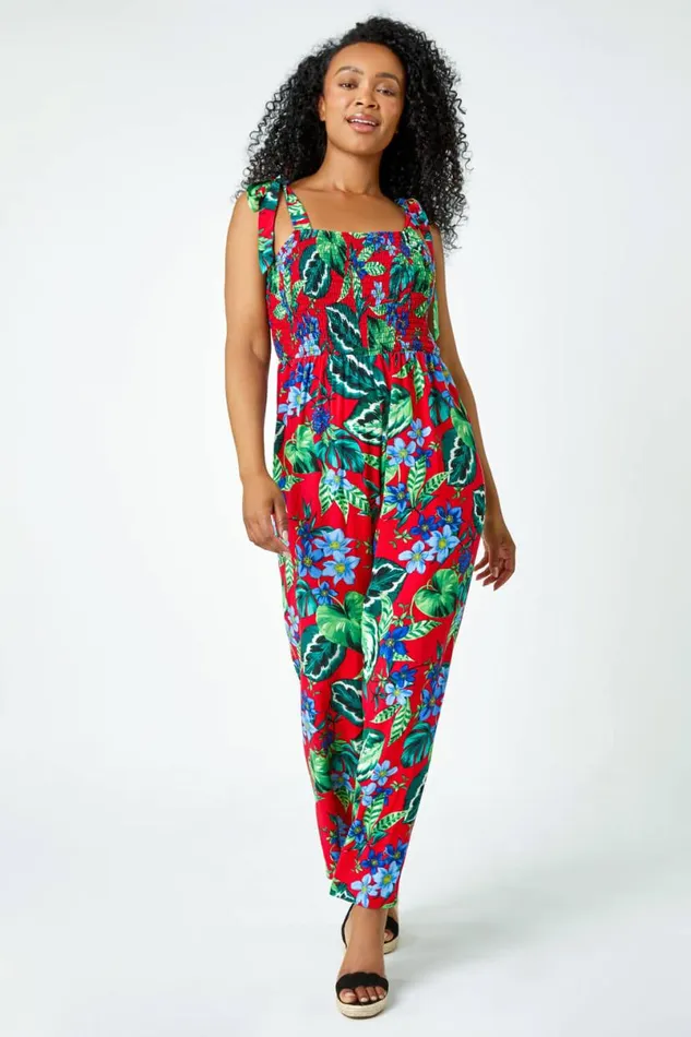 Red Petite Tropical Shirred Stretch Jumpsuit Women Roman Dresses