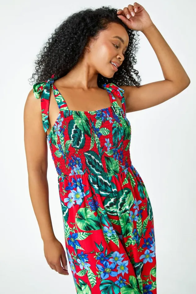 Red Petite Tropical Shirred Stretch Jumpsuit Women Roman Dresses