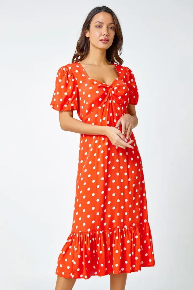 Red Polka Dot Twist Front Midi Dress Women Roman Dresses