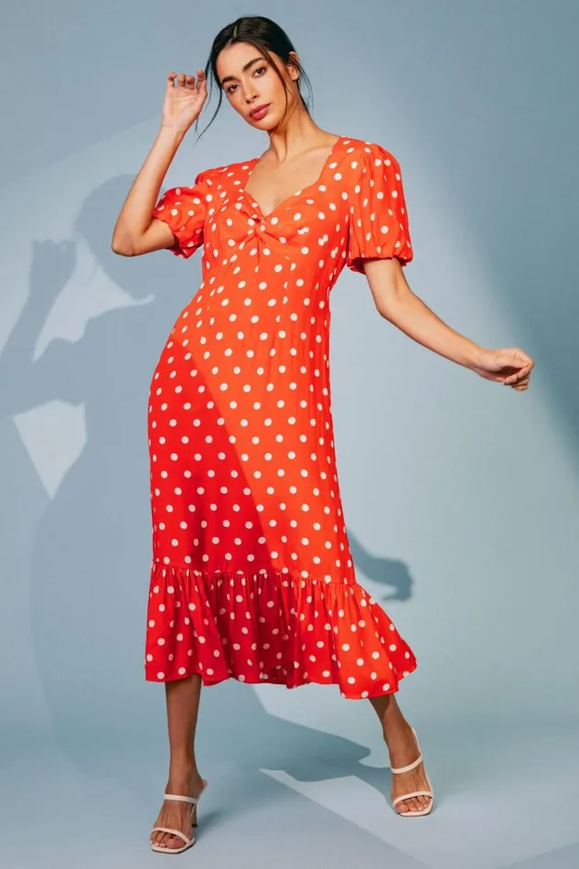 Red Polka Dot Twist Front Midi Dress Women Roman Dresses