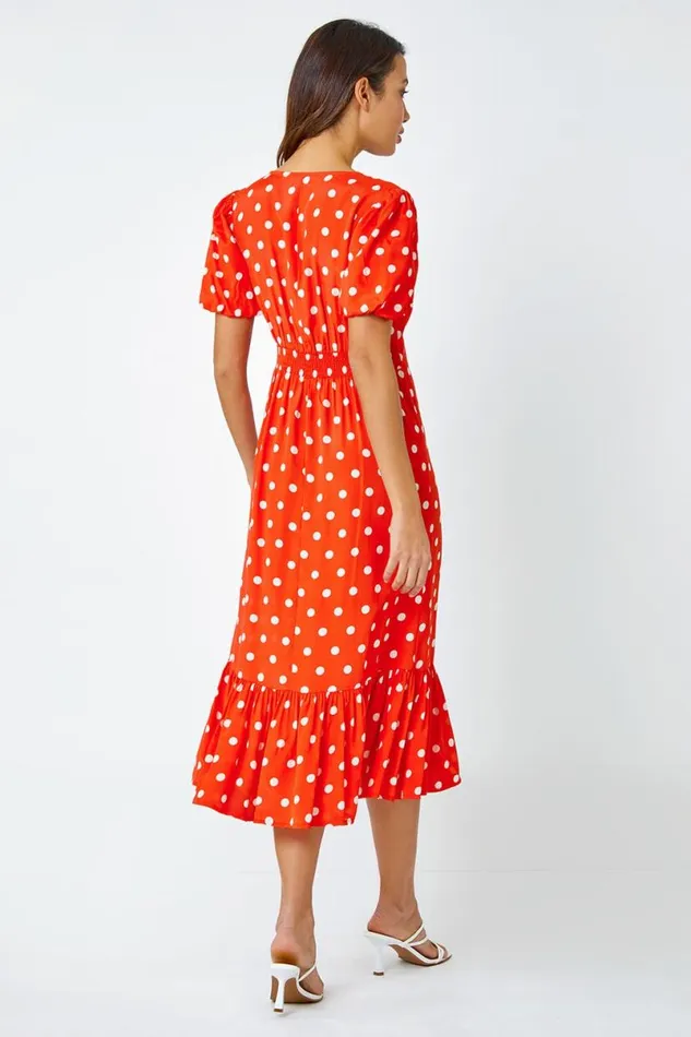 Red Polka Dot Twist Front Midi Dress Women Roman Dresses