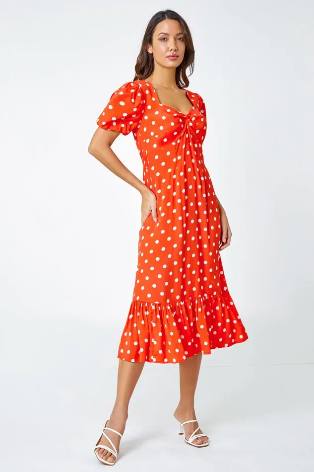 Red Polka Dot Twist Front Midi Dress Women Roman Dresses