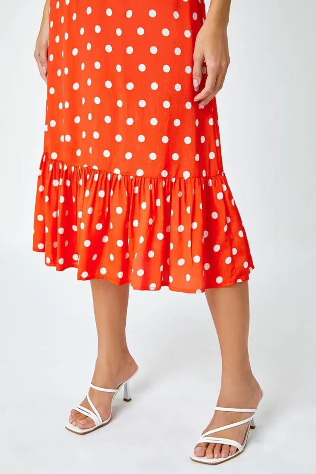 Red Polka Dot Twist Front Midi Dress Women Roman Dresses