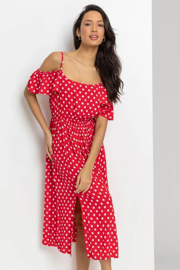 Red Spot Print Cold Shoulder Midi Dress Women Roman Dresses