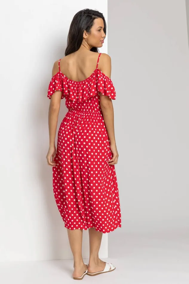 Red Spot Print Cold Shoulder Midi Dress Women Roman Dresses