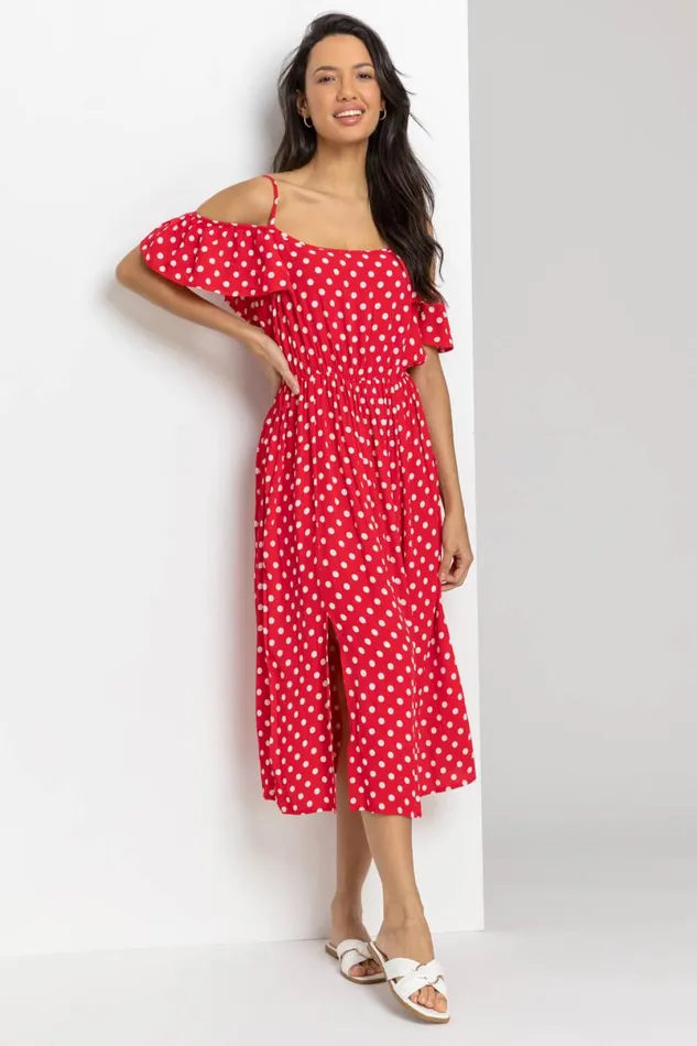 Red Spot Print Cold Shoulder Midi Dress Women Roman Dresses