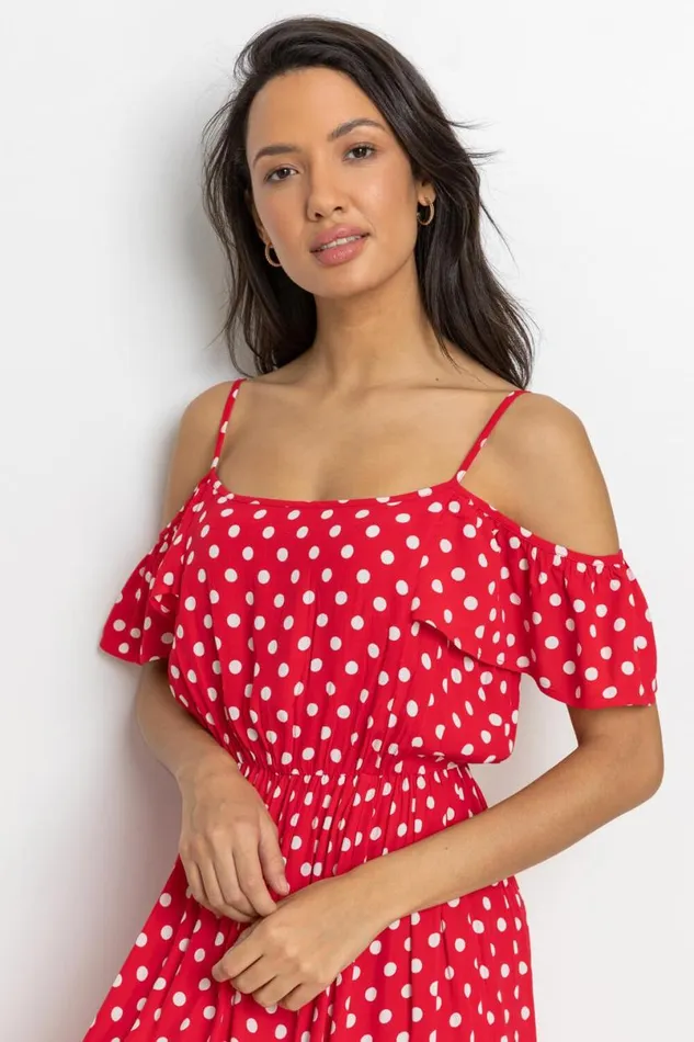 Red Spot Print Cold Shoulder Midi Dress Women Roman Dresses