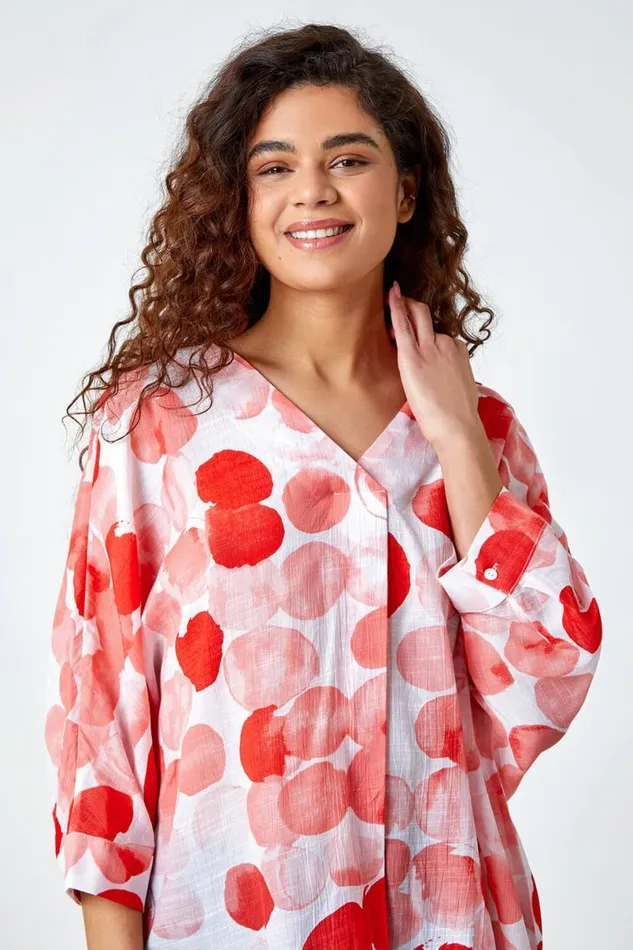 Red Spot Print VNeck Relaxed Woven Tunic Top Women Roman Tops