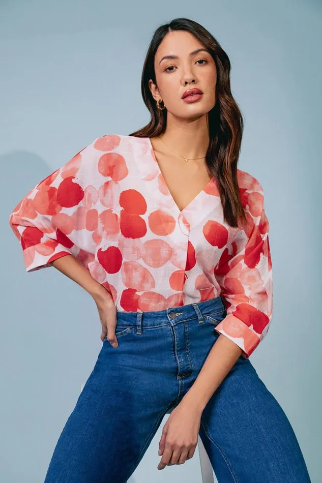 Red Spot Print VNeck Relaxed Woven Tunic Top Women Roman Tops
