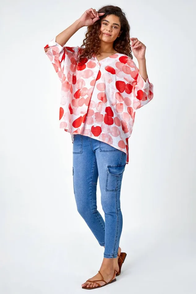 Red Spot Print VNeck Relaxed Woven Tunic Top Women Roman Tops