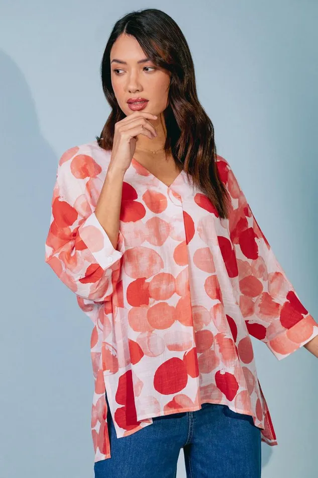 Red Spot Print VNeck Relaxed Woven Tunic Top Women Roman Tops