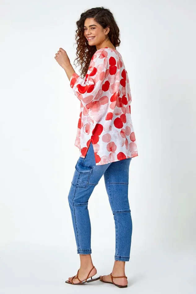 Red Spot Print VNeck Relaxed Woven Tunic Top Women Roman Tops