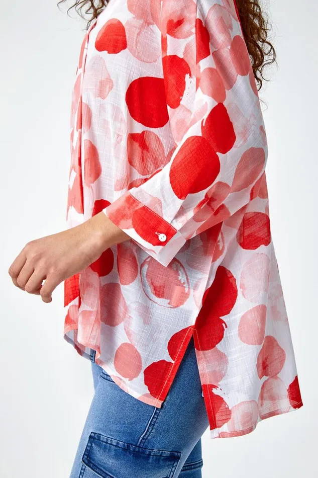 Red Spot Print VNeck Relaxed Woven Tunic Top Women Roman Tops
