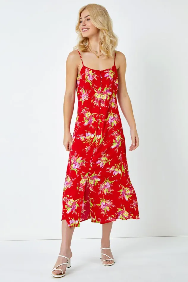 Red Strappy Floral Square Neck Midi Dress Women Roman Dresses