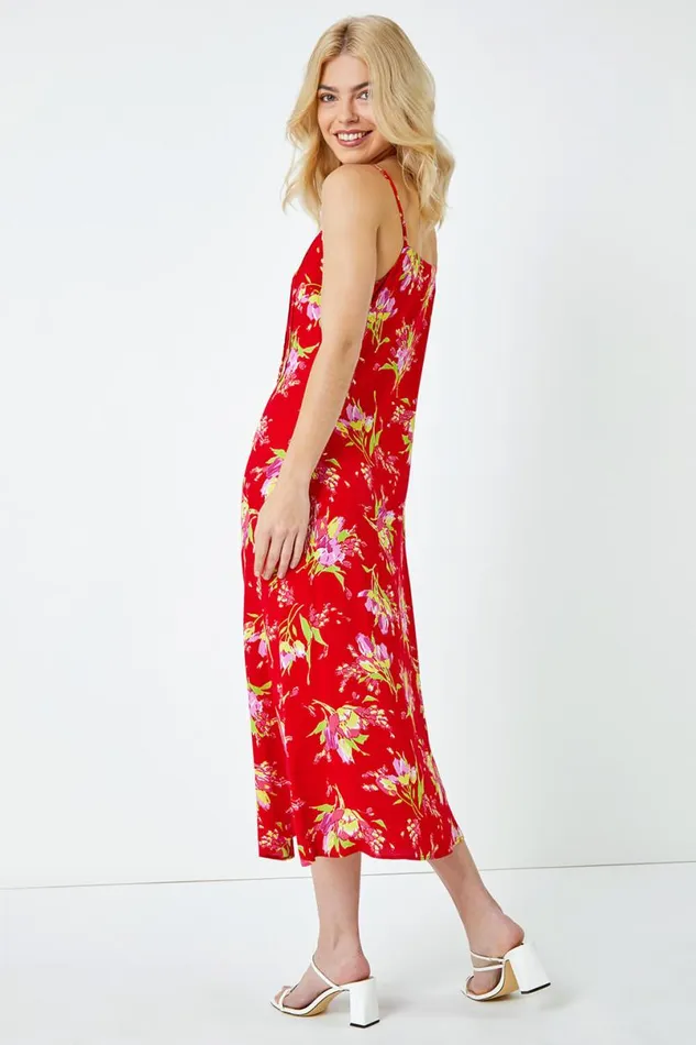 Red Strappy Floral Square Neck Midi Dress Women Roman Dresses