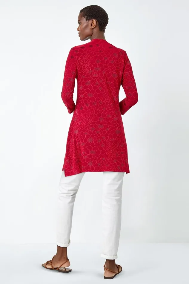 Red Textured Print Keyhole Stretch Tunic Top Women Roman Tops