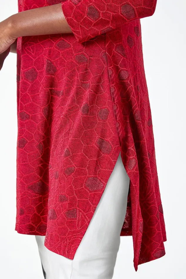 Red Textured Print Keyhole Stretch Tunic Top Women Roman Tops