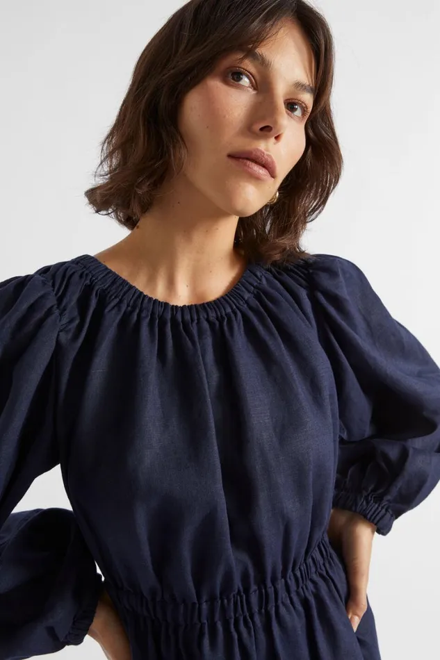 Resort Woman Seed Heritage Linen Elasticated Mini Dress Midnight Sky