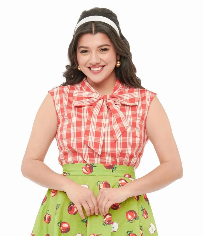 Retrolicious 1950s Red and White Gingham Cotton Bow Top Clothing Unique Vintage Blouses