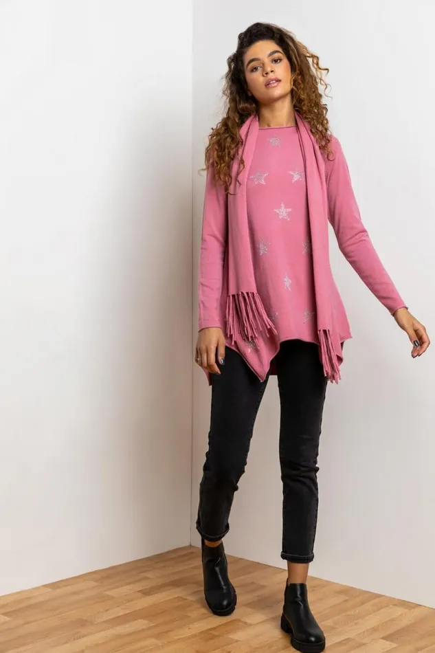 Rose Star Print Knitted Tunic With Tassel Scarf Women Roman Knitwear