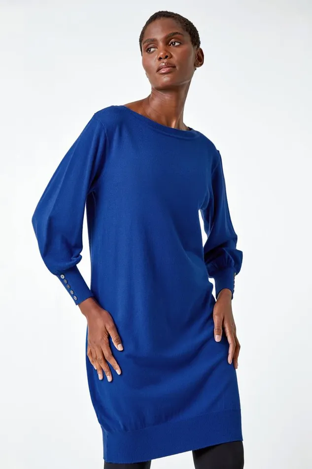 Royal Blue Button Detail Knitted Jumper Dress Women Roman Dresses