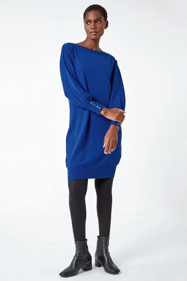 Royal Blue Button Detail Knitted Jumper Dress Women Roman Dresses