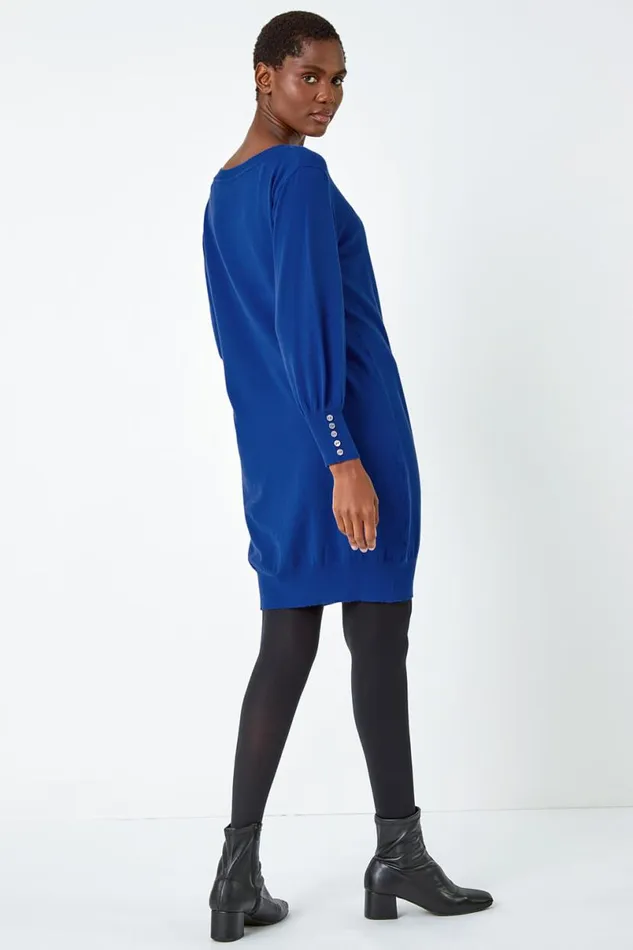 Royal Blue Button Detail Knitted Jumper Dress Women Roman Dresses