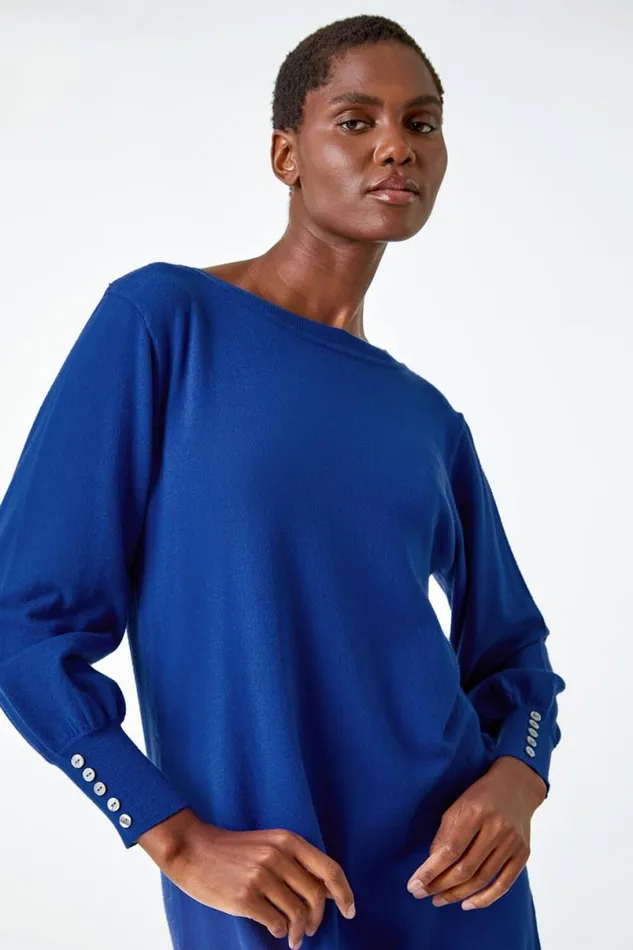 Royal Blue Button Detail Knitted Jumper Dress Women Roman Dresses