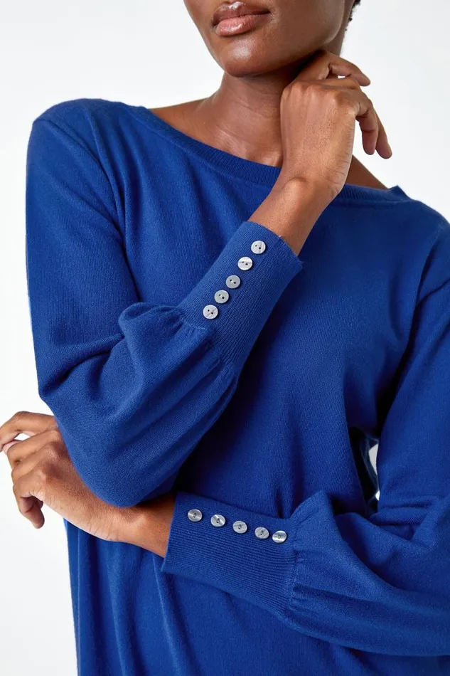 Royal Blue Button Detail Knitted Jumper Dress Women Roman Dresses