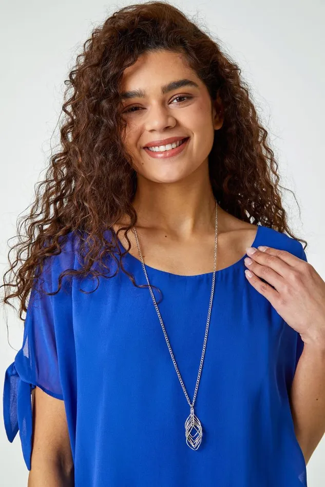 Royal Blue Chiffon Layered Tie Detail Top With Necklace Women Roman Tops