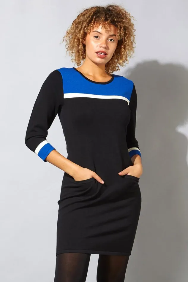 Royal Blue Colour Block Knitted Dress Women Roman Dresses