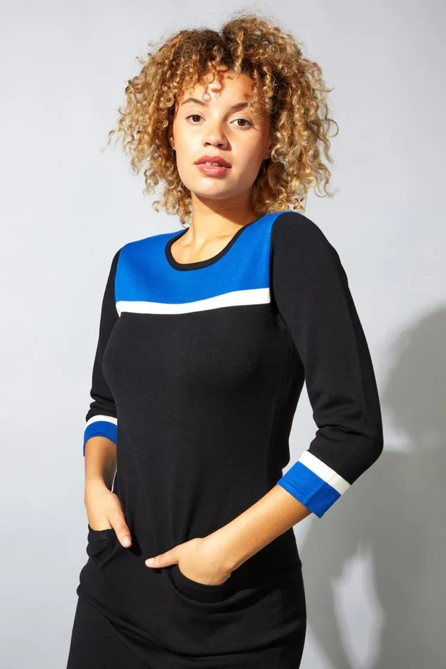 Royal Blue Colour Block Knitted Dress Women Roman Dresses