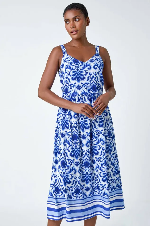 Royal Blue Paisley Border Print Midi Dress Women Roman Dresses