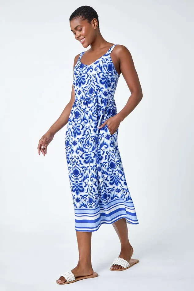 Royal Blue Paisley Border Print Midi Dress Women Roman Dresses
