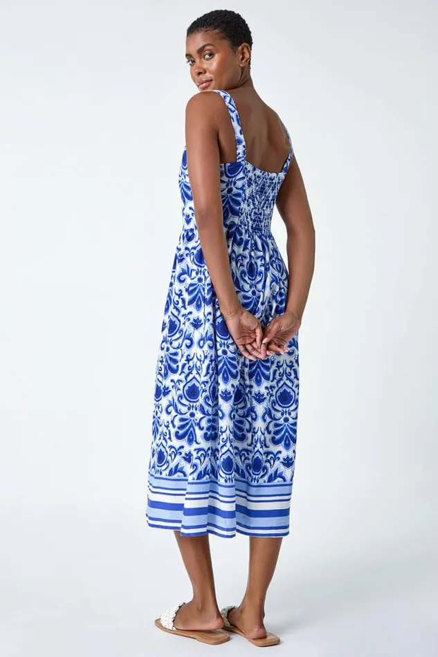 Royal Blue Paisley Border Print Midi Dress Women Roman Dresses
