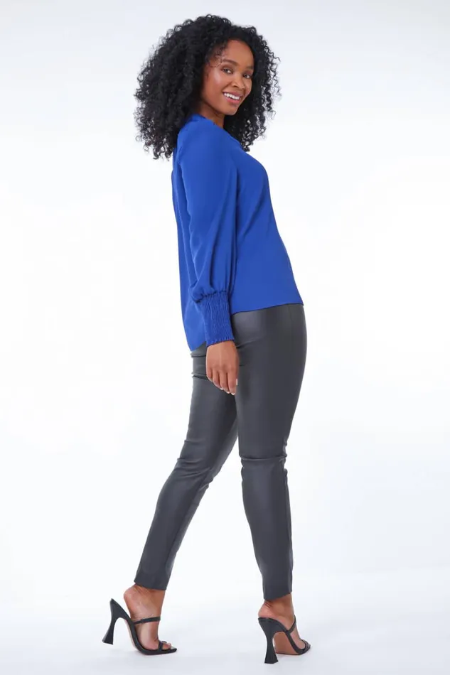 Royal Blue Petite Plain Buttoned Shirred Cuff Top Women Roman Tops