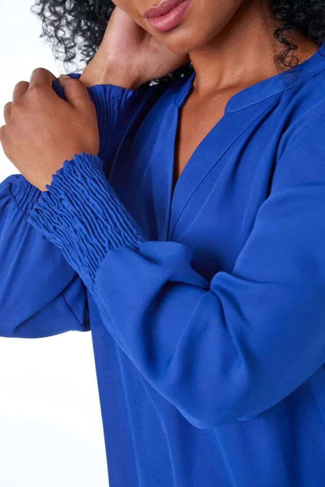 Royal Blue Petite Plain Buttoned Shirred Cuff Top Women Roman Tops