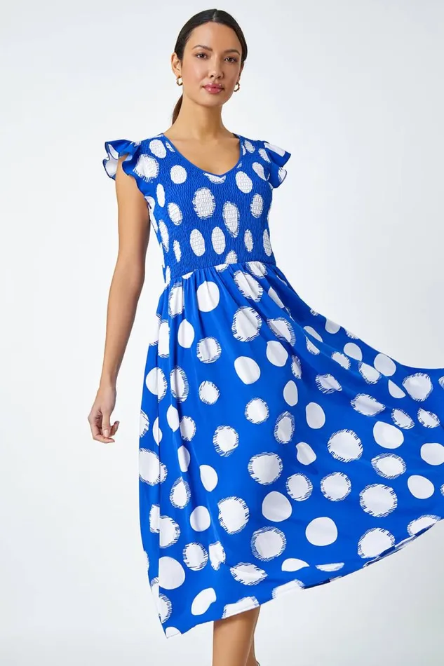 Royal Blue Polka Dot Shirred Stretch Midi Dress Women Roman Dresses